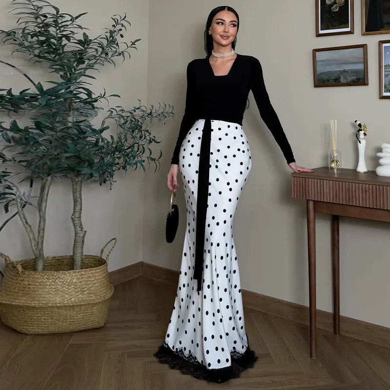 

2026 Spring New Long Sleeve Hip Wrap Polka Dot Lace Splicing Elegant Skirt Set