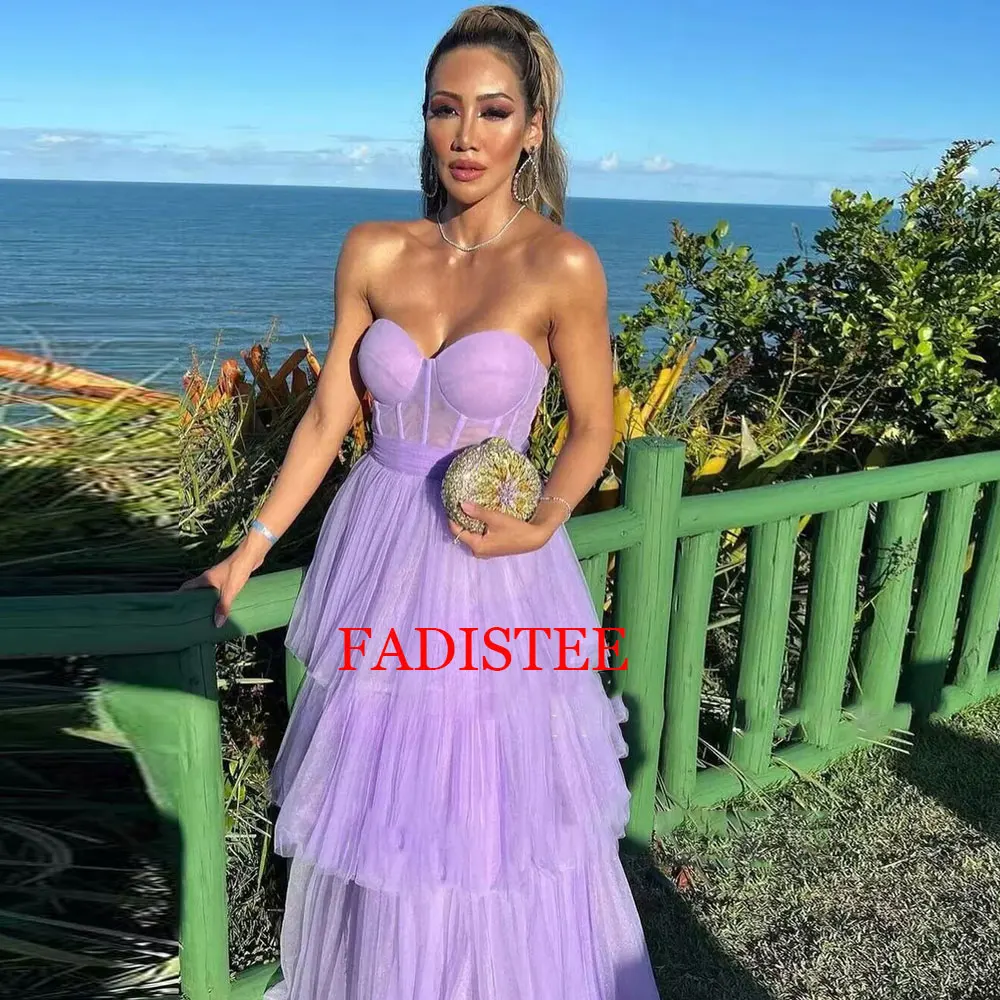 

Customized Classy Long Light Purple Sweetheart Tulle Evening Dress Sleeveless A-line Tiered Floor Length Vestidos De Noche 2025