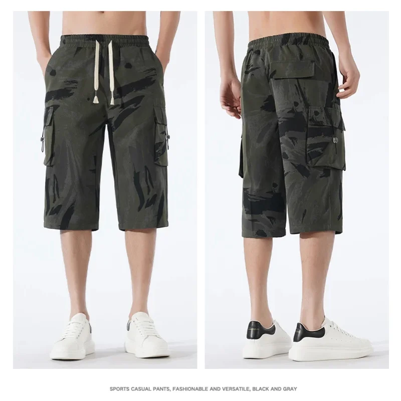 

Men's Embroidery Workwear Shorts Summer New High Waist Solid Loose Plus Size Trend Sports Capri Pants Vintage Casual Men Clothes