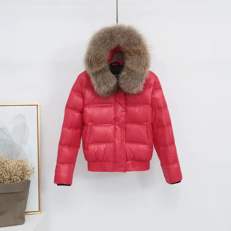 Women\'s hooded down jacket leather collar white eiderdown down jacket tight warm slim fashion outdoor comfort Short style coat
