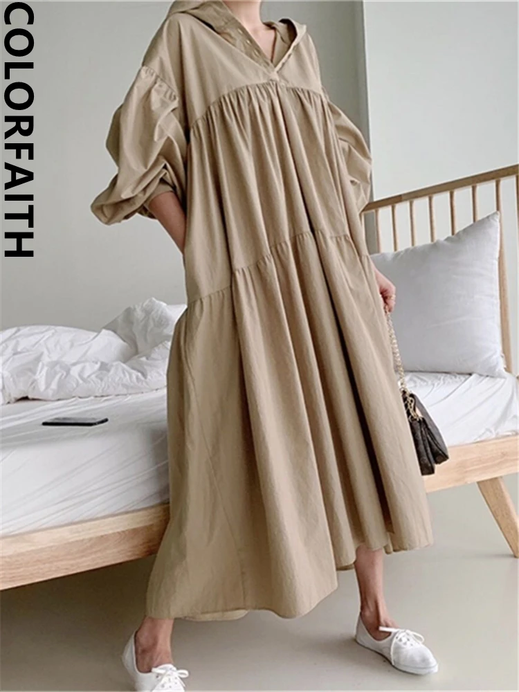 Colorfaith DR2226 New 2024 Oversized Hooded High Waist Korean Fashion Pleated Lady Vintage Pure Women Autumn Winter Long Dresses