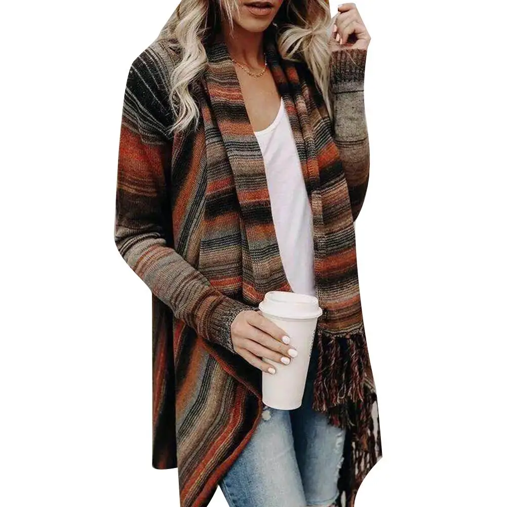 

Contrasting Color Striped Slim Fit Fringe Coat Women's Street Sle Long Sve Cardigan Regular Thin Autumn Outerwear