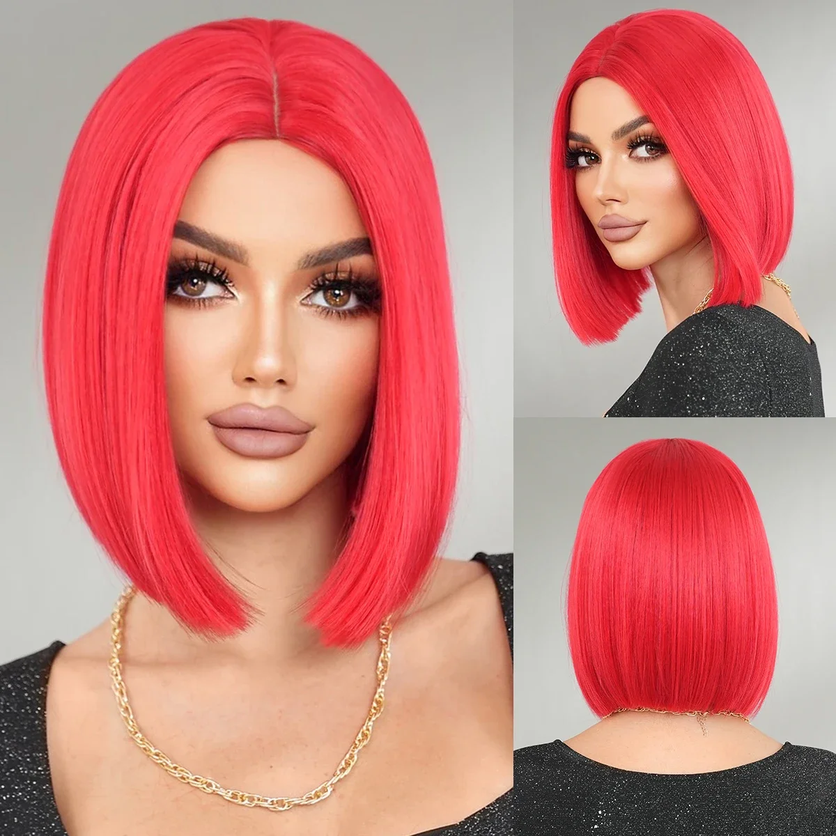 NAMM Red Bob Middle Part Hair Short Wavy Synthetic Wig for Women Burgundy Curly Short Hair Wig Halloween  Cosplay Party Use