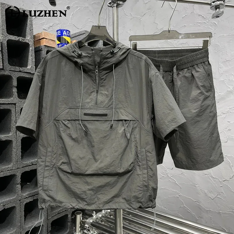

LUZHEN Ice Silk High Quality Two-piece Sets Men 2025 Summer Kangaroo Pockets Hooded Pullover Elastic Waist Street Shorts JY2804