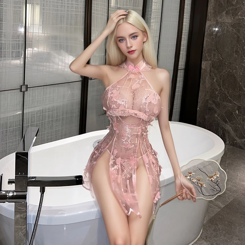 

Sexy Lingerie See Through Cheongsam Mesh Lace Pink Exotic Mini Dress Halter Neck Sheer Pajamas Underwear Night Club Wear Women