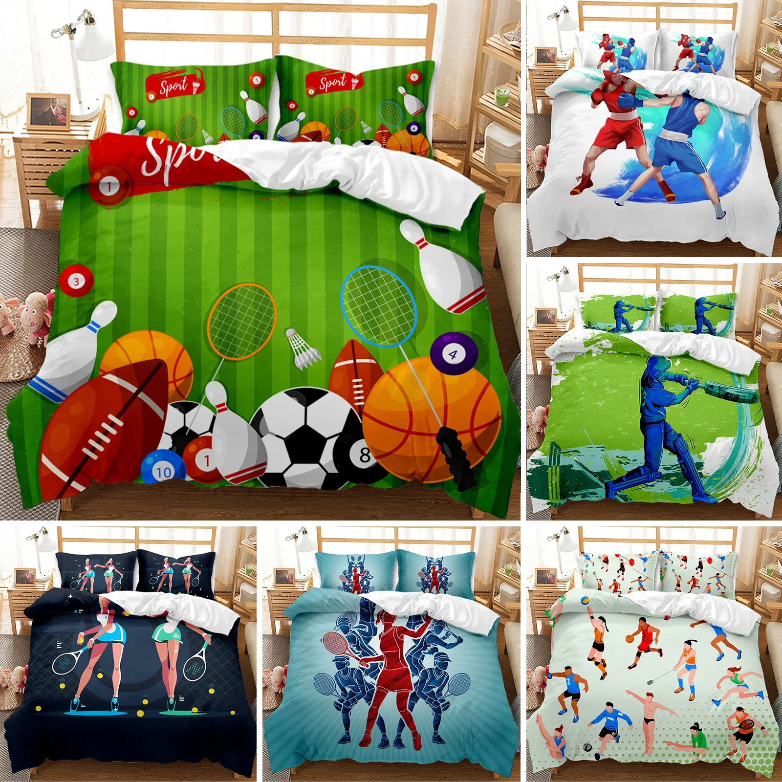 Sports Duvet Cover Set Taekwondo Ski Swimming Boxing Dance Badminton Baseball Ice Hockey Queen Polyester Bedding Set Teens Boys