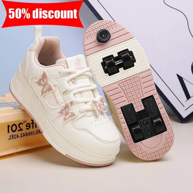 

Детские роликовые коньки, четырехколесная спортивная обувь, износостойкие удобные кожаные туфли на роликовых колесах со шнуровкой для детей