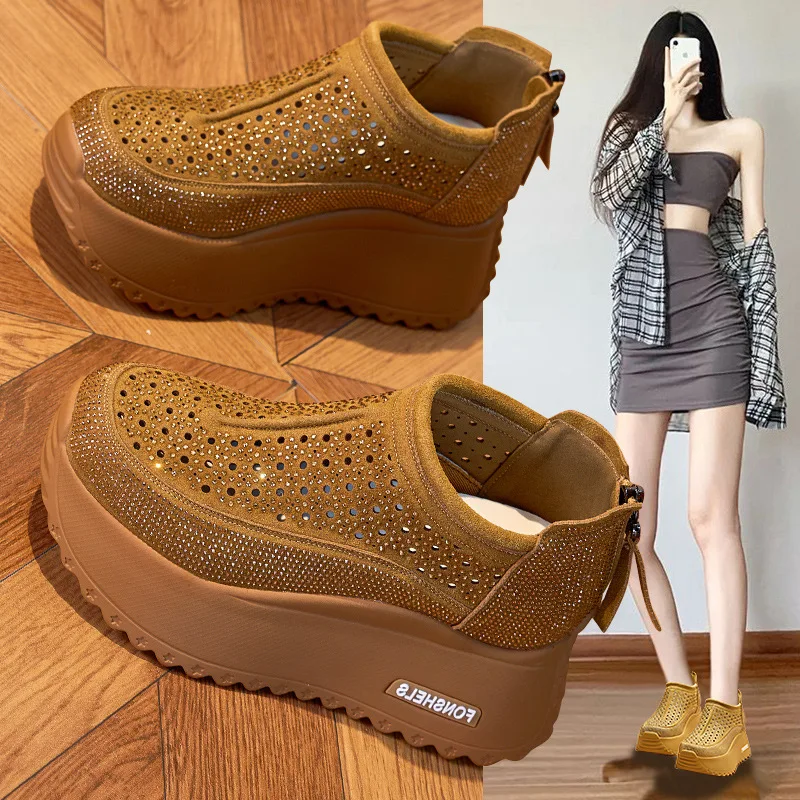 

Женская натуральная кожа, полая ake oes, летняя новая яркая алмазная дрель, дышащая тонкая ботинка, универсальная повышающая ...