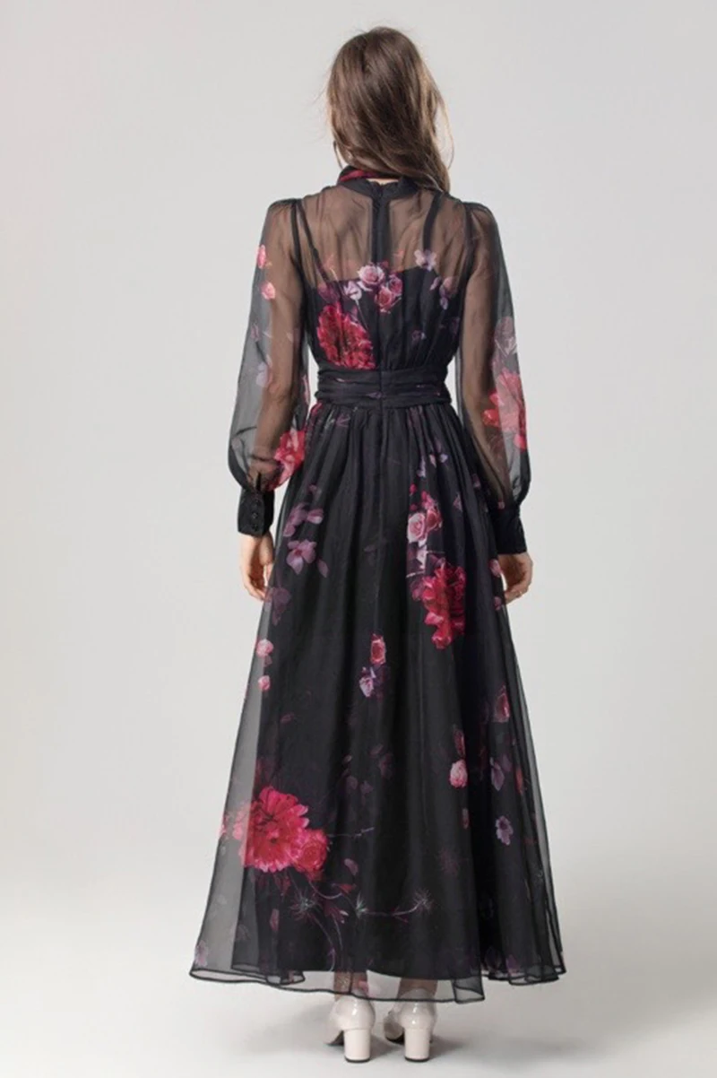 MIUXIMAO 2025 ชุดเดรสฤดูใบไม้ร่วงแฟชั่นชุดเดรสสีแดงดอกกุหลาบพิมพ์แขนยาวชุดยาวสีดำชุดยาวผู้หญิงโบว์