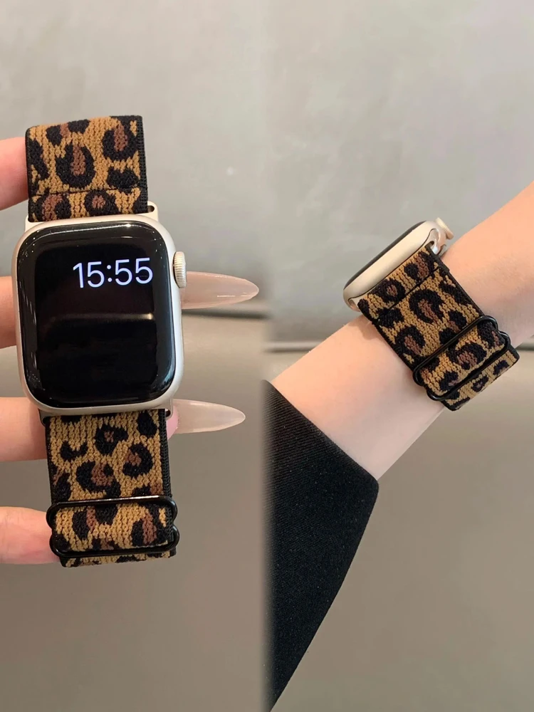 Correa de nailon elástica de leopardo para Apple Watch Ultra 2, 49mm, 41mm, 45mm, 42mm, 46mm y 44mm, pulsera para mujer, serie iWatch 10 9 se 7 3 8 5 4