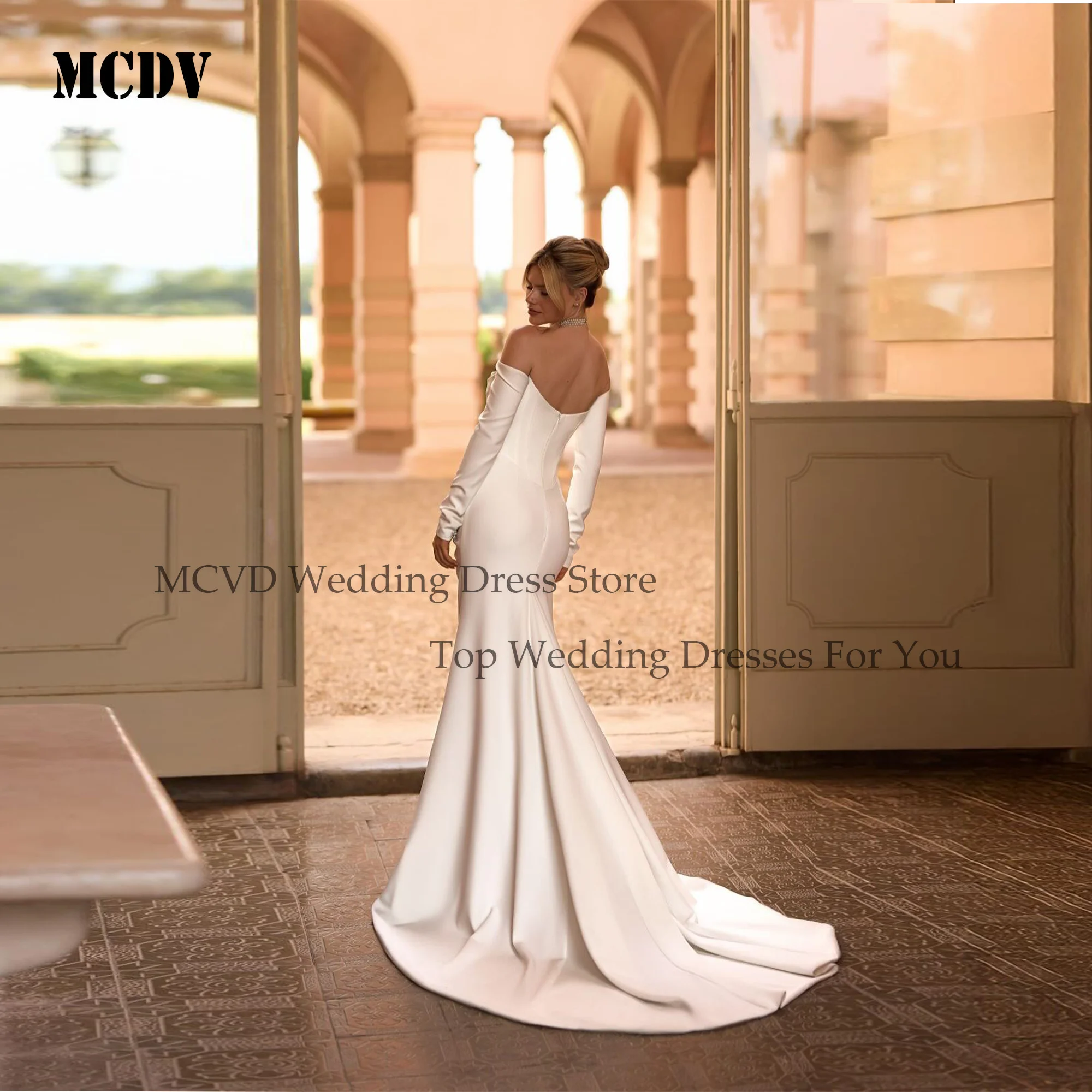 

MCDV Strapless Mermaid Wedding Dress Full Sleeve Simple Bridal Gowns Women Modern Sweap Train Prom Bride Dresses Customized