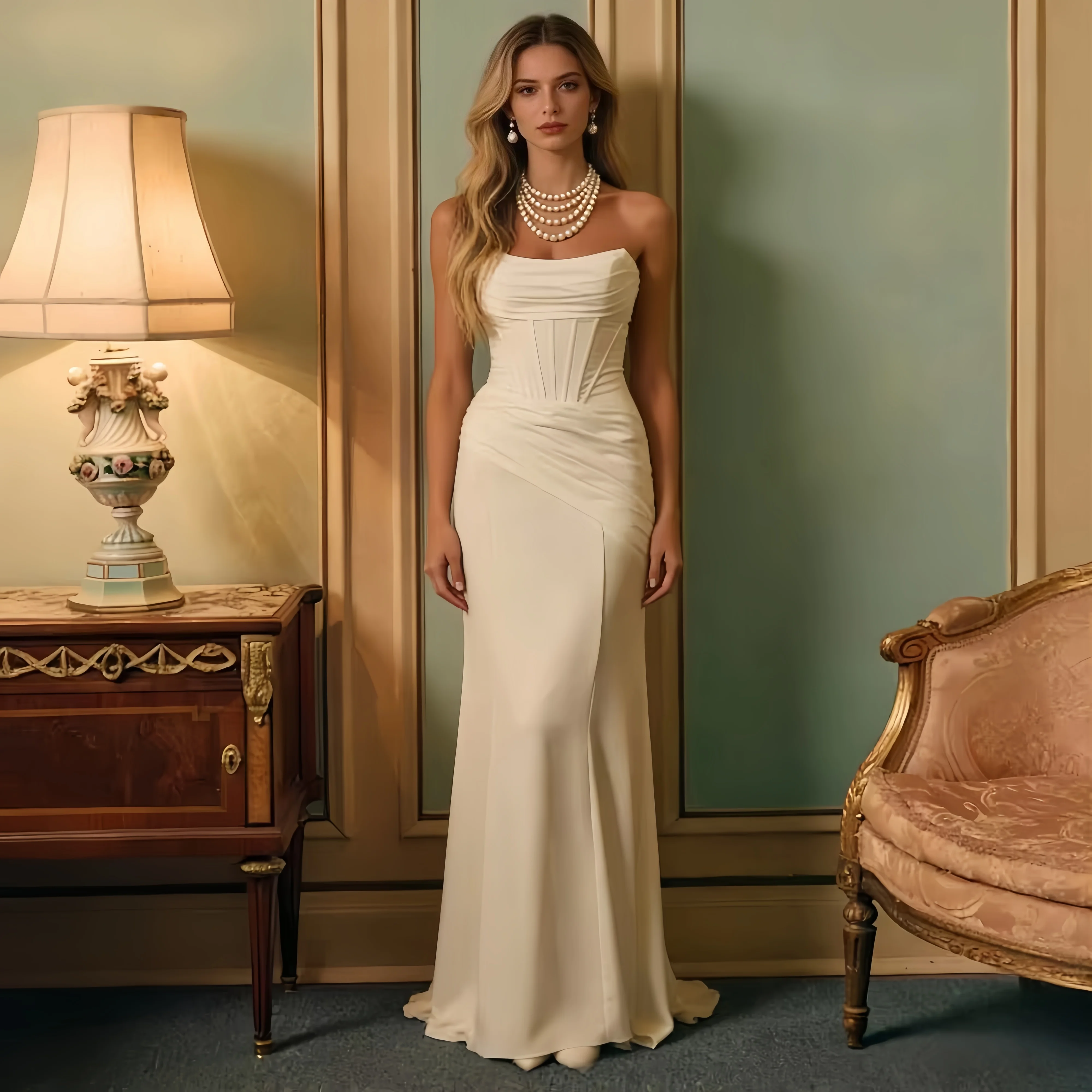 Elegantes Satin-Meerjungfrauenkleid, trägerloses Bustier-Partykleid, maßgeschneidertes ärmelloses Abendkleid mit Schnürung, schlichtes, einfarbiges Ballkleid