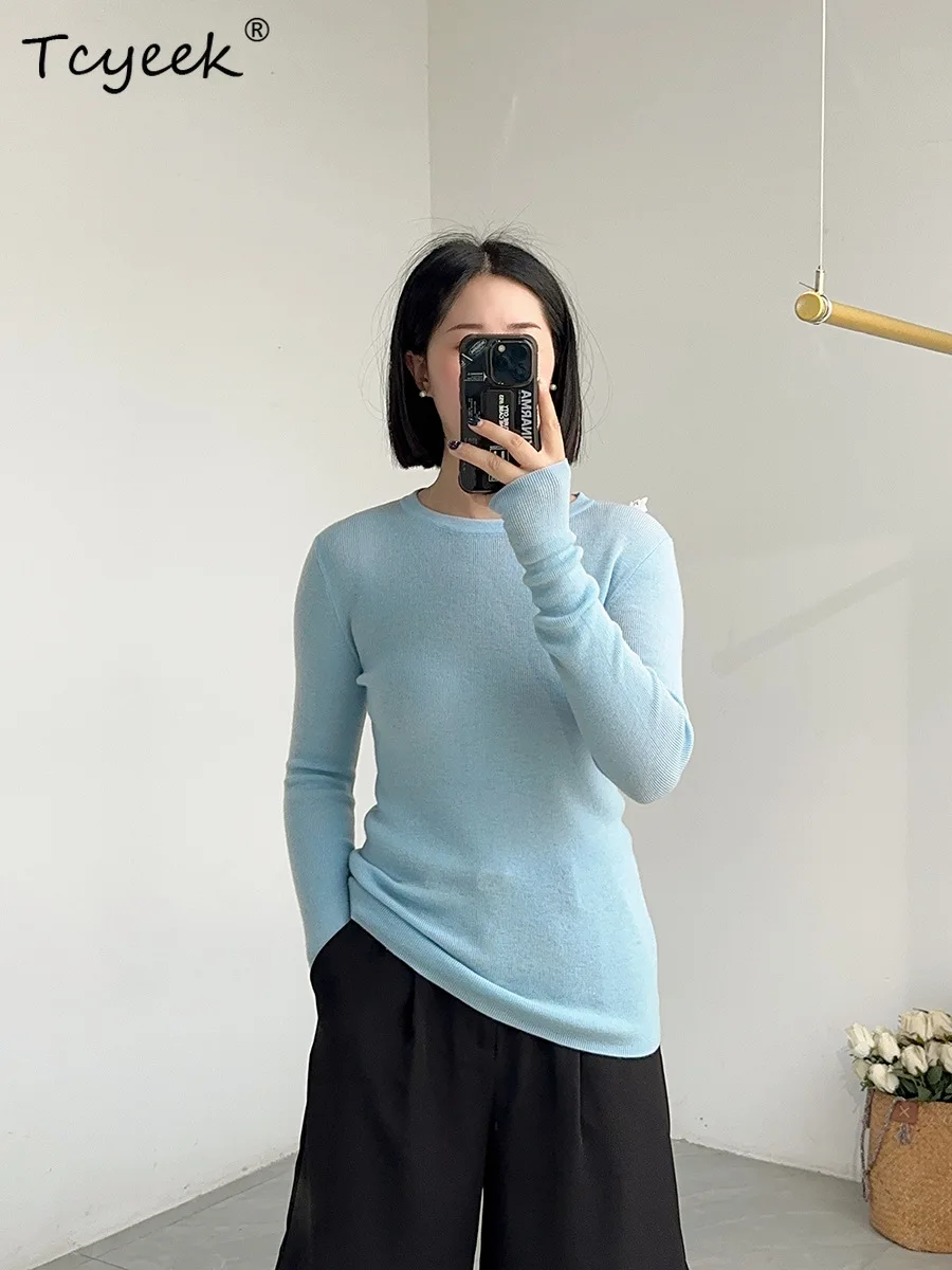 

Tcyeek 100%Pure Wool Elegant Thin Sweater, Women O Neck Long Sleeve, Basics Bottom Knit Tops, 2024 Summer Autumn New T46839QM