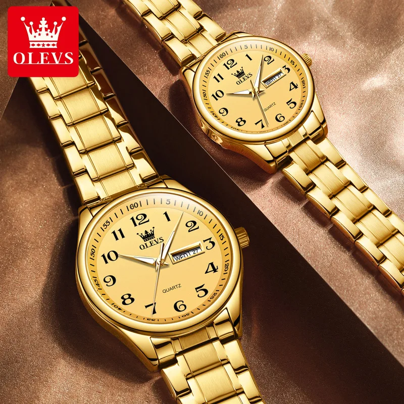 Olevs luxo ouro casal relógio moda aço inoxidável à prova dwaterproof água amantes relógio de quartzo para mulheres masculino semana calendário relógio de pulso