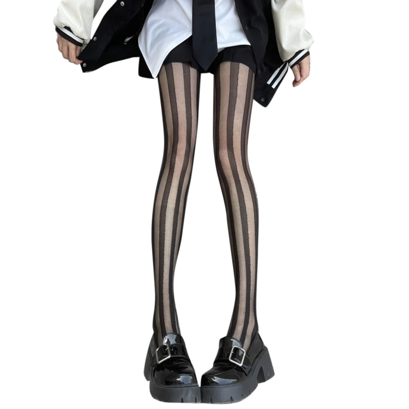 Women Sexy Silky Sheer Pantyhose Harajuku Black Striped Footed Tights Stockings Drop Shipping