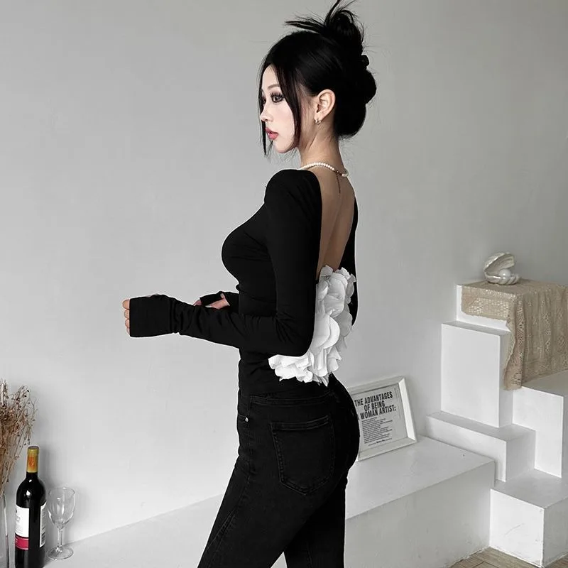 

Сексуальная футболка с открытой спиной и контрастной цветочной строчкой, круглым вырезом и длинными рукавами для женщин, футболки