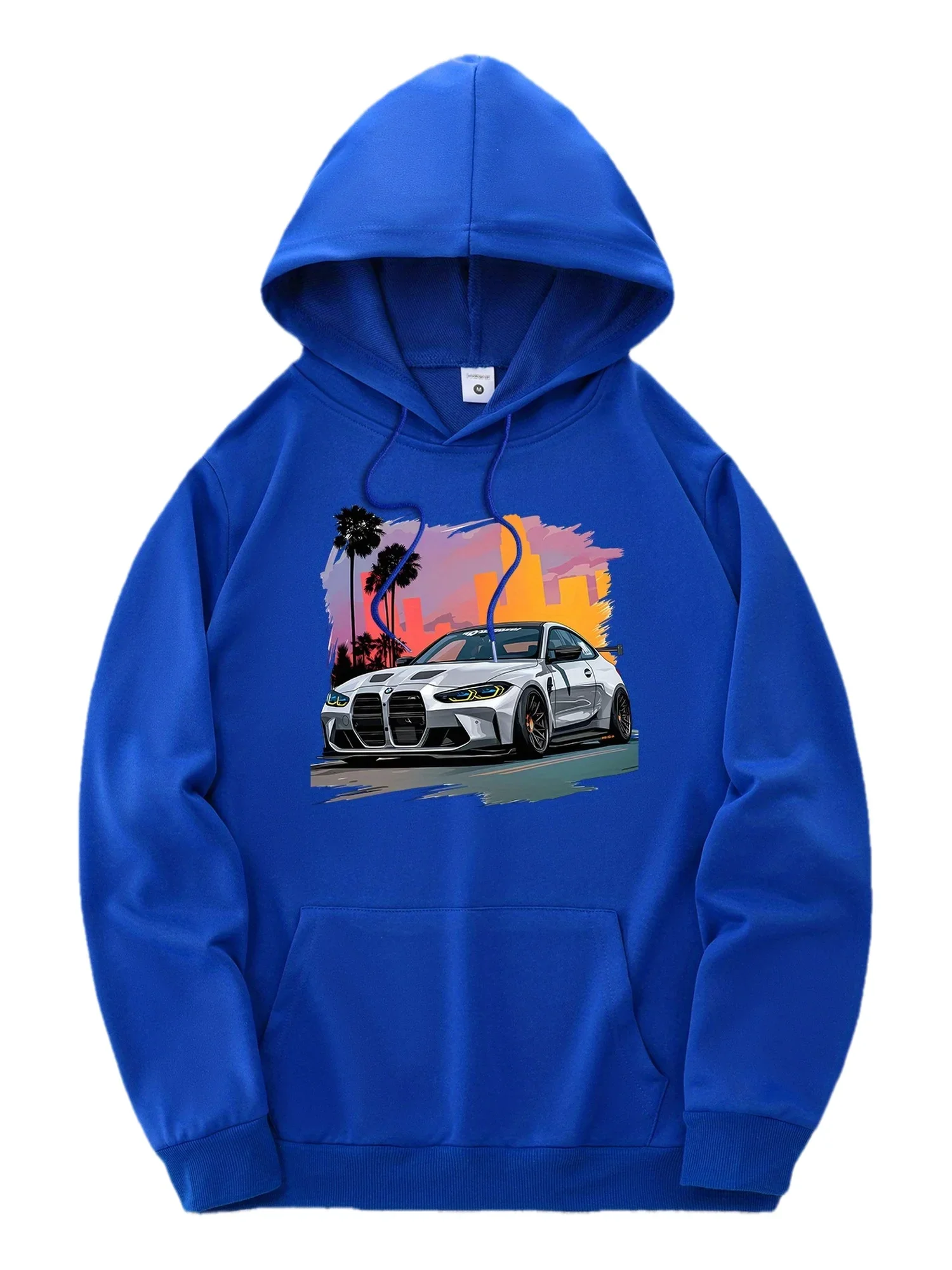 Sport Racing Car City Palm Sunset Graphic Hoodie JDM Automotive Front Print Pullover Sweatshirt Loose Fit Unisex Autumn Winter