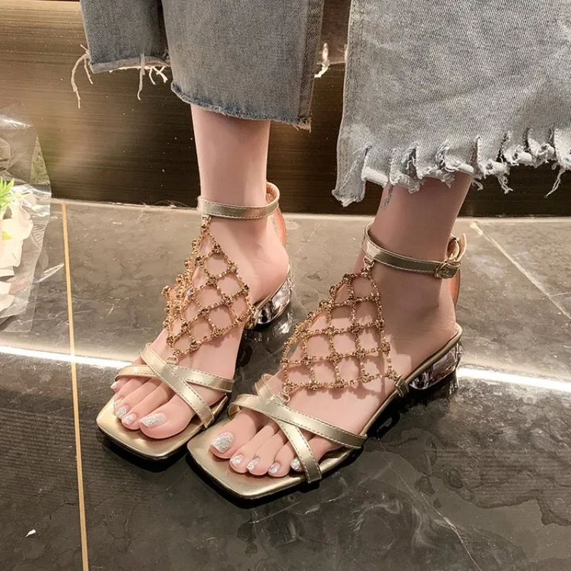 Temperament High Heels Women Summer Square Toe Open Toe Rhinestone Alien Heel Roman Sandals