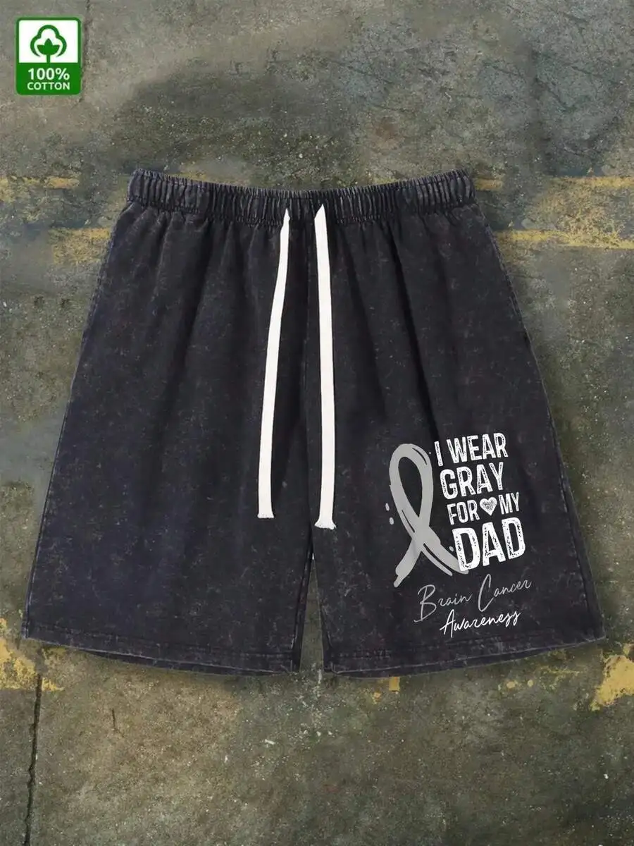 

Mens Washed Cotton Shorts With Gray Ribbon Print For Brain Cancer Awareness
