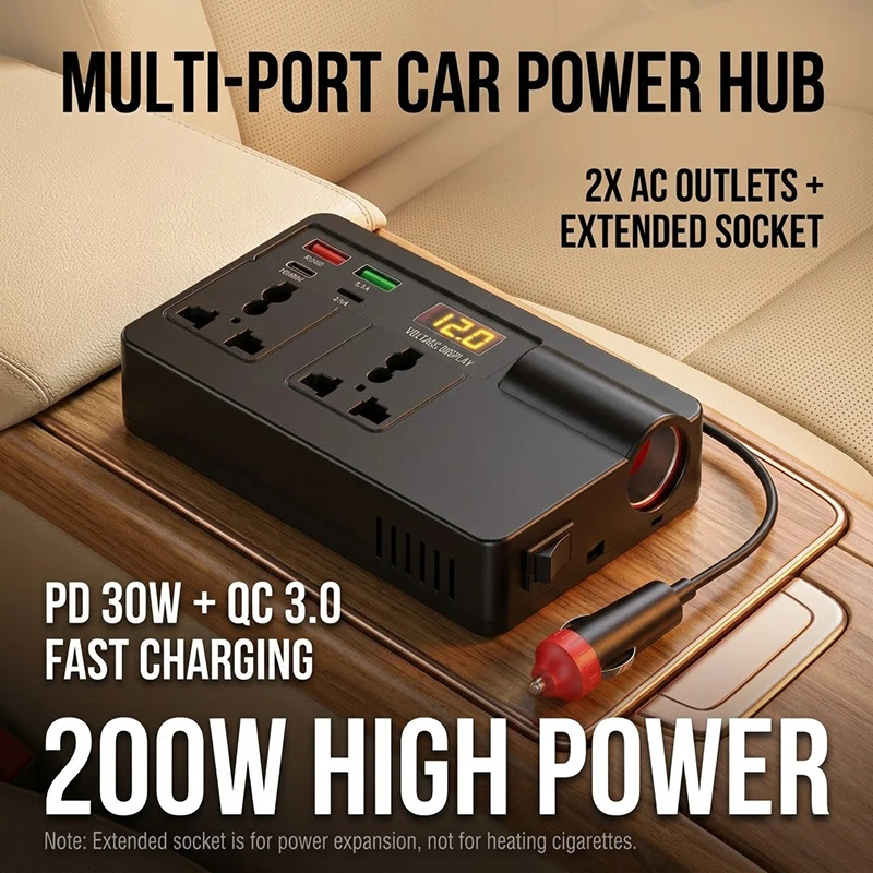 200W Auto Car Power Inverter Adapter 12V to 220V with Dual AC Outlets PD30W Type C QC3.0 Fast Charging LED Voltage Monitor