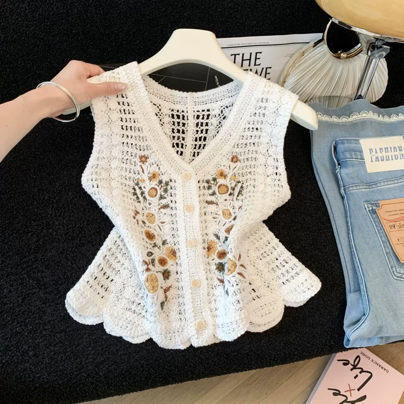 Bild 3: Grassland Dressing Art Retro-Strickjacke mit gestickten Blumen, gestapelte kleine Weste, schmales Damen-Top j1057