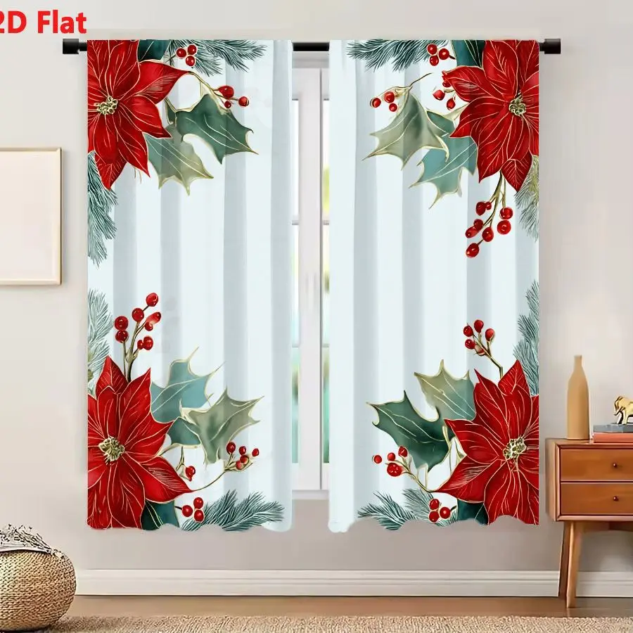 2Pcs Curtains 2D Flat Festive Symmetrical Holiday Corner Border With Red Poinsettia Holly Berries And Pine Needles On Pale Blue