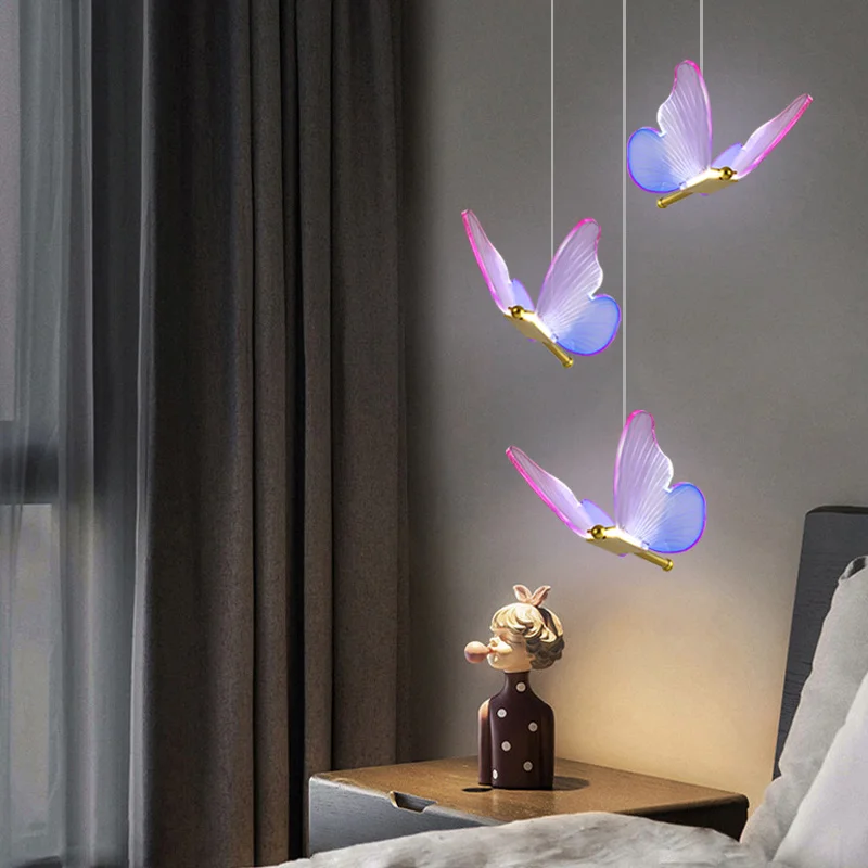 Modern LED Butterfly Pendant Lamp AC85-265V Acrylic Interior Decorative Bedroom Dining Bedside Chandelier 3 Colors Ceiling Lamp