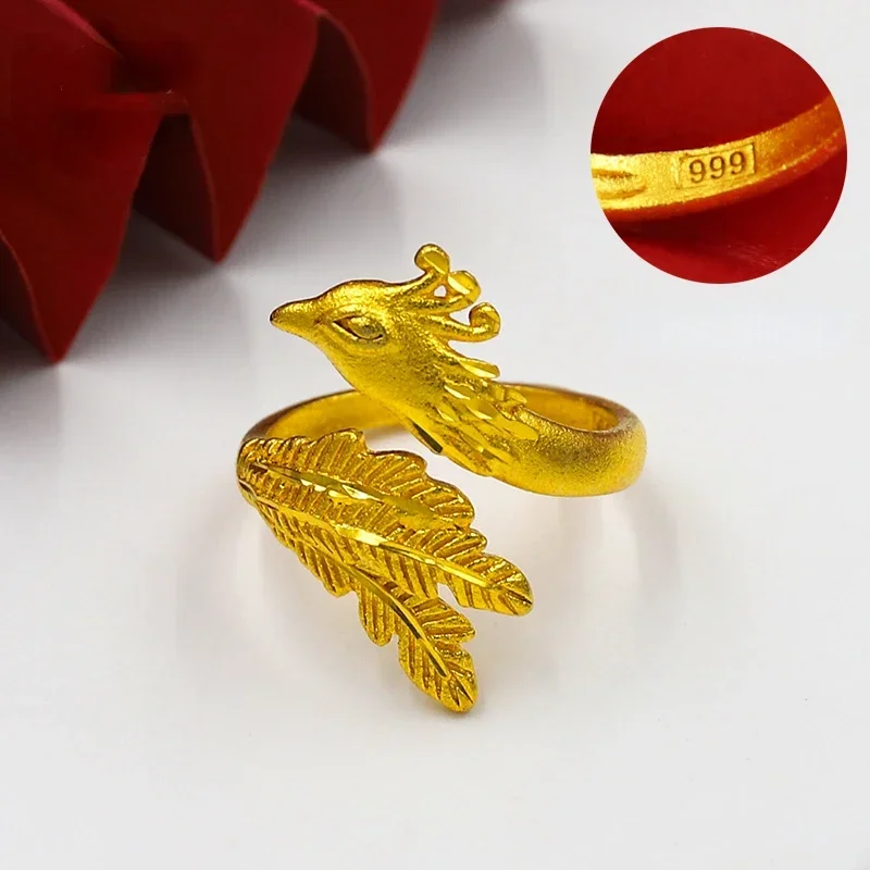 High Quality 999 Pure Gold Color Phoenix Dragon Coupon Ring for Lover Men Women Couple Ring Wedding Finger Rings Fine Jewelry