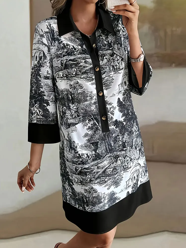 بيع التخليص حجم كبير طباعة المناظر الطبيعية زر أسفل ثلاثة أرباع كم فستان قصير ملابس النساء الصينية الأنيقة