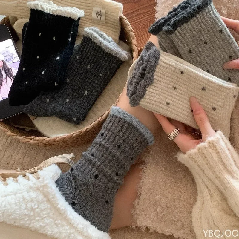5 pairs Winter plush thick socks warm mid tube socks lace and polka dots fashionable and multifunctional long tube women's socks