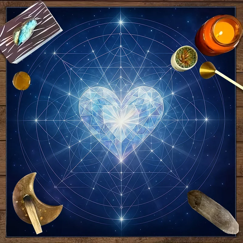 1 ud. Manta de Tarot de Geometría Sagrada con Corazón de Cristal Cósmico, Tela de Altar con Estampado Místico Azul Estrellado para Adivinación y Espiritualidad