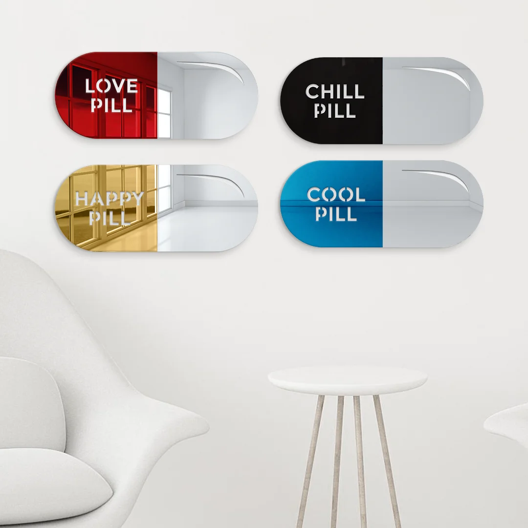 LOVE Pill 3D Mirror Wall Art Blue Pills Wall Decar 3D Wall Hanging Mirror for Bedroom Dorm Living Room