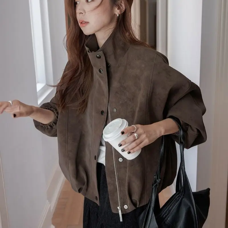 Spring and Autumn Fashion Women's Jacket Windproof Stand Up Collar Leather Jacket
