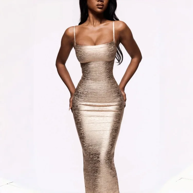 2026 Vrouwen Sexy Nieuwe Mouwloze V-hals Gestreepte Gouden Lange Jurk Feestkostuum Bar Nachtclub Stage Performance Kleding