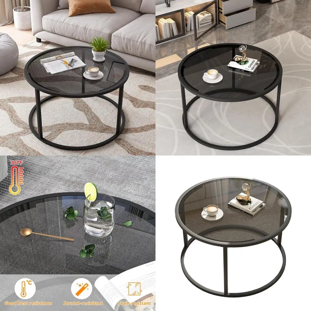 

Modern Minimalist Glass Coffee Table, Gray Black, Tempered Glass Top with Metal Frame, Suitable for Living Room, Bedroom, Office