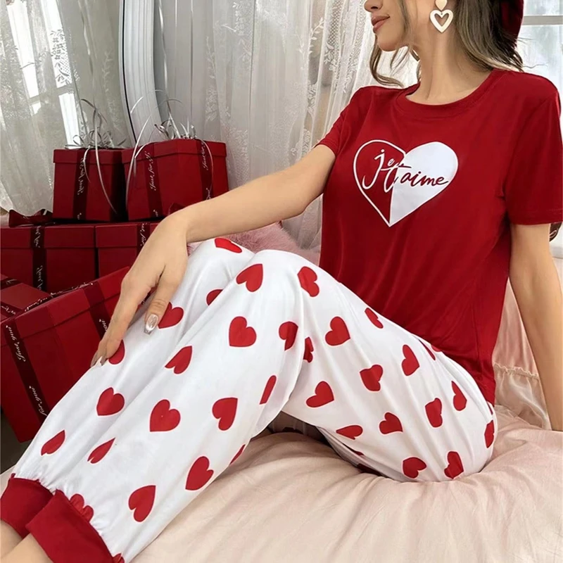 

Casual Heart Print Pajama Set Short Sleeve Crew Neck T-Shirt And Elastic Pants Comfortable Relaxed Fit Loungewear Sleepwear Pjs
