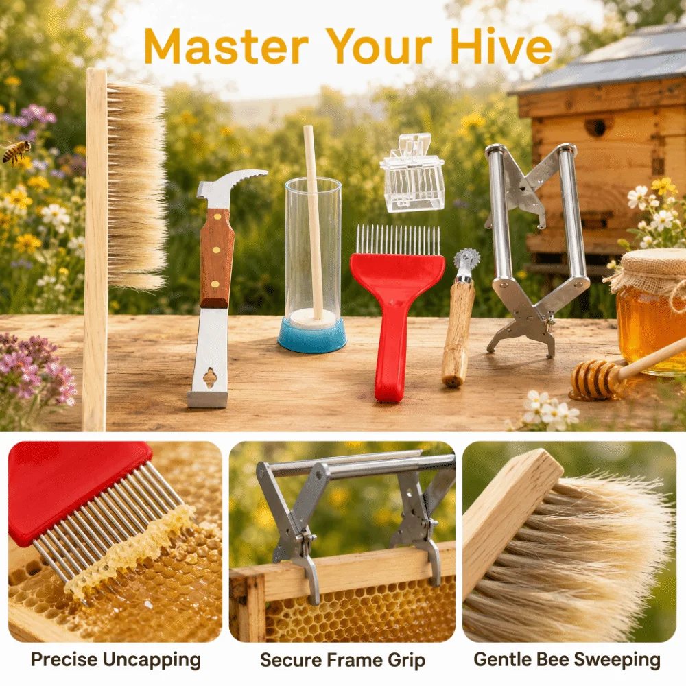 7pcs Spur Wire Embedder Beekeeping Equipment Kit Stainless Steel Brush Beehive Scraper Plastic Wooden Handle Frame Holder Tool