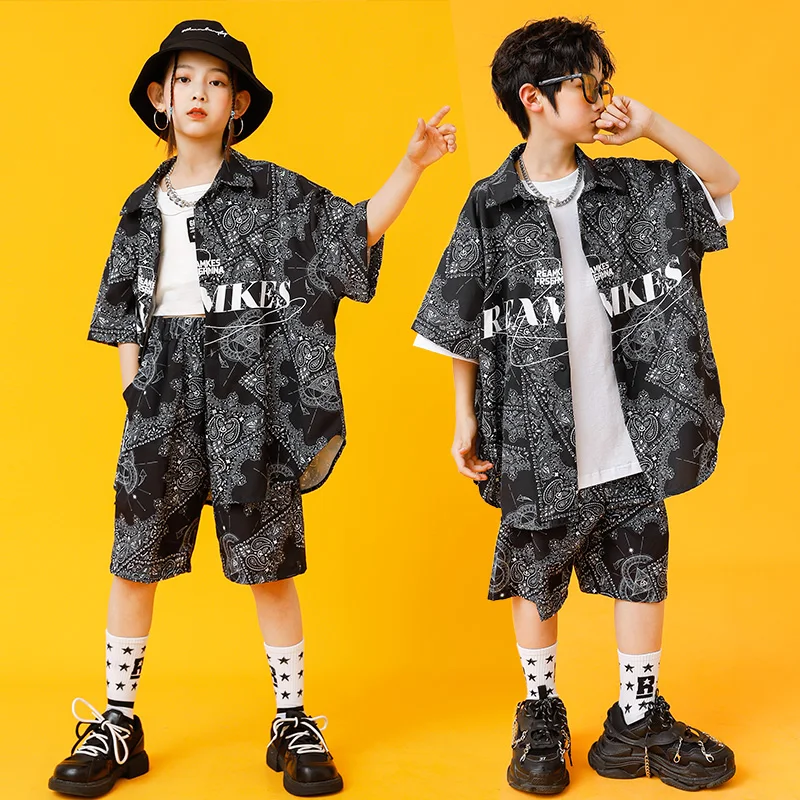 Kids Kpop Hip Hop Clothing Geometry Print Shirt Tops Streetwear Shorts For Girl Boy Jazz Dance Costume Stage Wear  Clothes