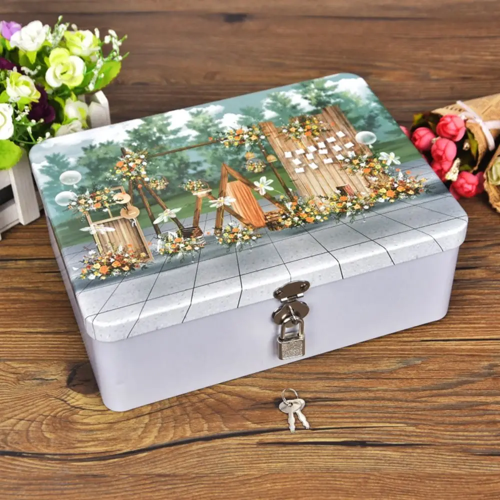 Vintage Large Capacity Tinplate Box with Lock Key Desktop Jewelry Storage Case Metal Box Makeup Box