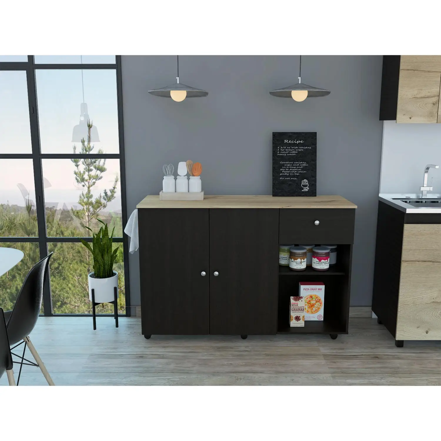 Kitchen Island Cart Victoria, Four Interior Shelves, Six Carters, One Drawer, Double Door Cabinet Black