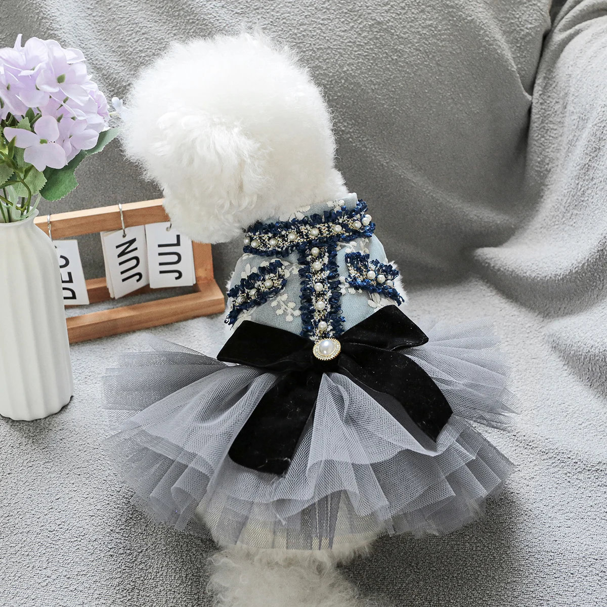 1PC Pet Clothing Cat Autumn/Winter Grey Blue Fragrant Skirt Dress Wedding Dress Suitable for Small and Medium sized Dogs