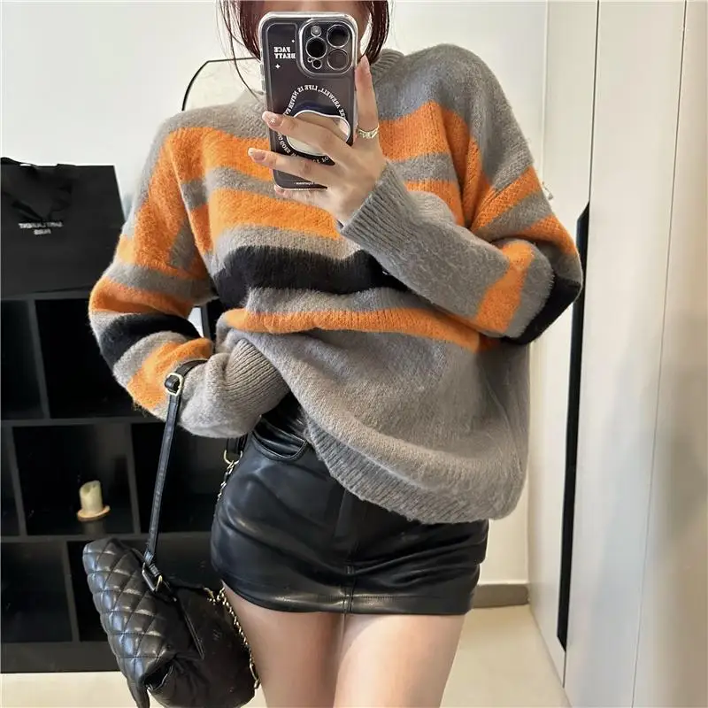 

Women's Sweaters Spring Autumn Easy Lazy Round Neck Long Sleeve Contrast Color Female Striped Sweater Coat