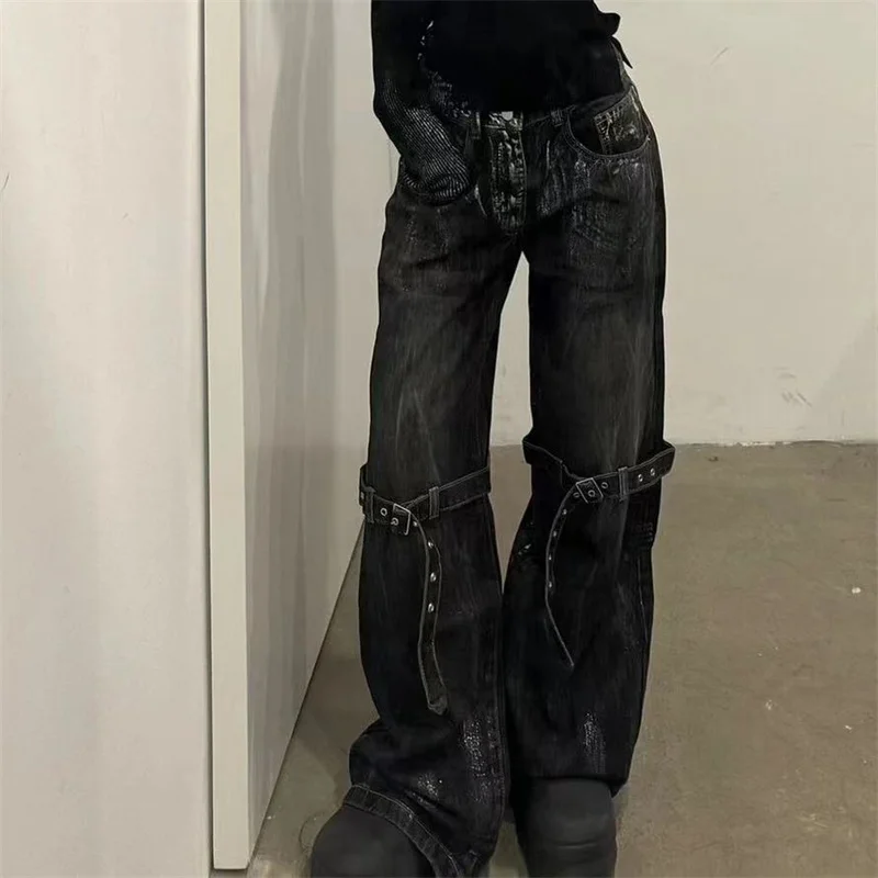 Jean Vintage de Style Rock Américain pour Femme, Pantalon à Bretelles, Taille Haute, Denim Rétro