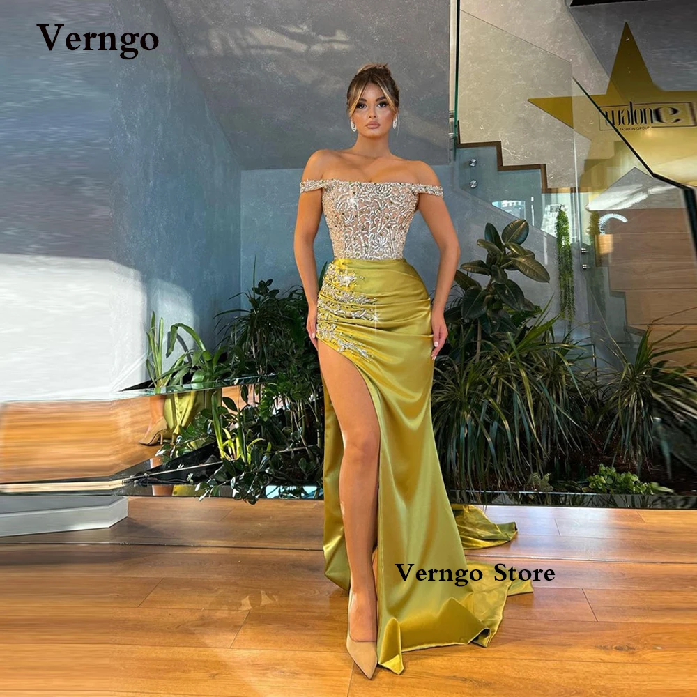 

Verngo Sparkly Beads Crystal Lace Mermaid Prom Dresses Off Shoulder Slit Satin Pleats Dubai Arabic Women Evening Gowns