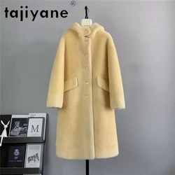 Tajiyane 100% Sheep Shearing Jacket for Women 2024 Autumn Winter Mid-length Wool Coat Fashion Hooded Coats and Jackets Abrigos