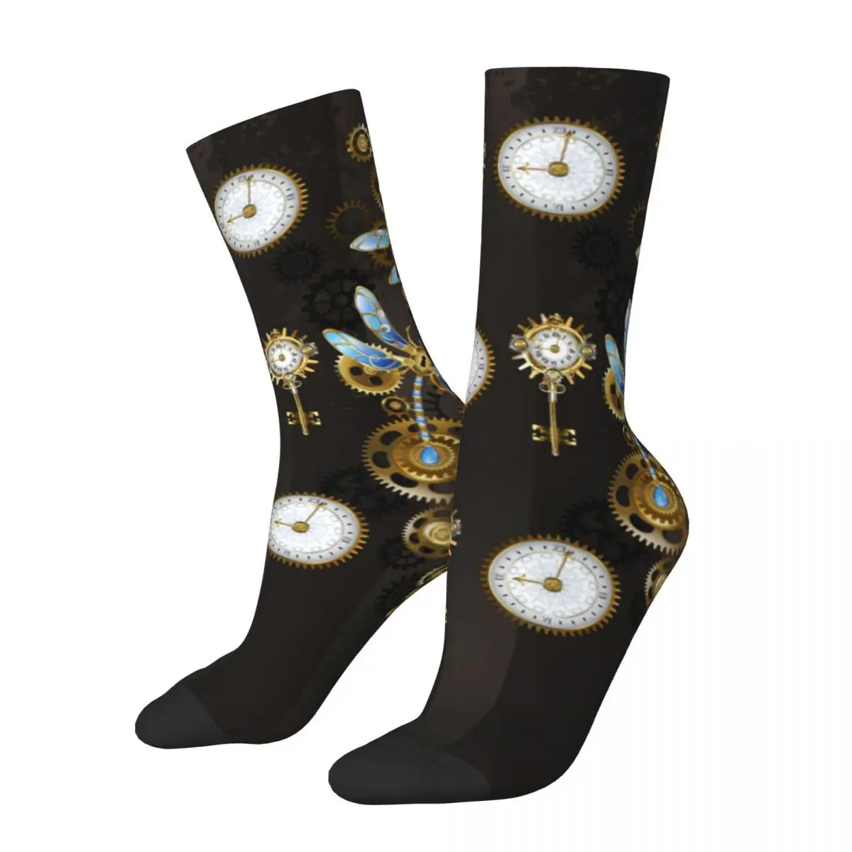 Steampunk Dragonflies Stockings Brown Striped Custom Harajuku Socks Autumn Anti Sweat Socks Female Running Medium Soft Socks