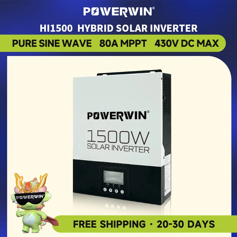 POWERWIN 1500W/12V Hybrid Solar Inverter HI1500 Pure Sine Wave Charge Controller Bidirectional Off-grid 12V Battery LCD 80A MPPT