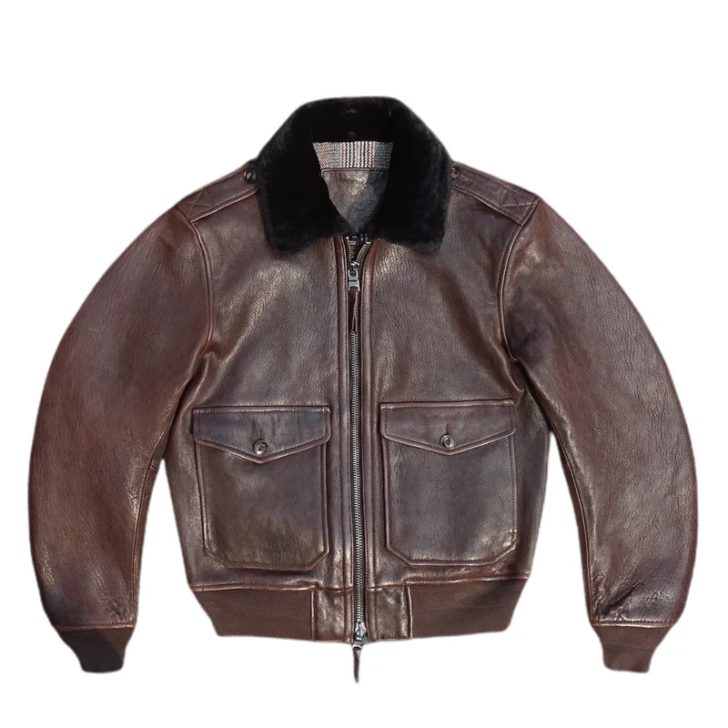 

Dark Brown Winter Leather Jacket Men Vintage Style Plus Size 3XL Genuine Natural Sheepskin Military G1 Flight Coat