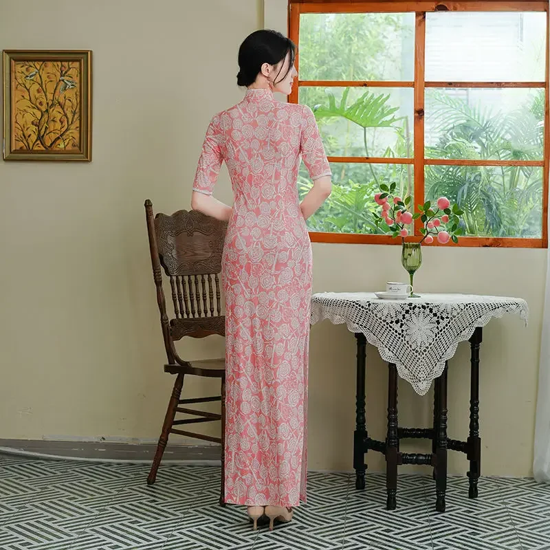 Women Plus Size Chinese Style Cheongsam Fashion-look Handmade Button Floral Dress Vintage Improved Dresses Qipao M To 5XL