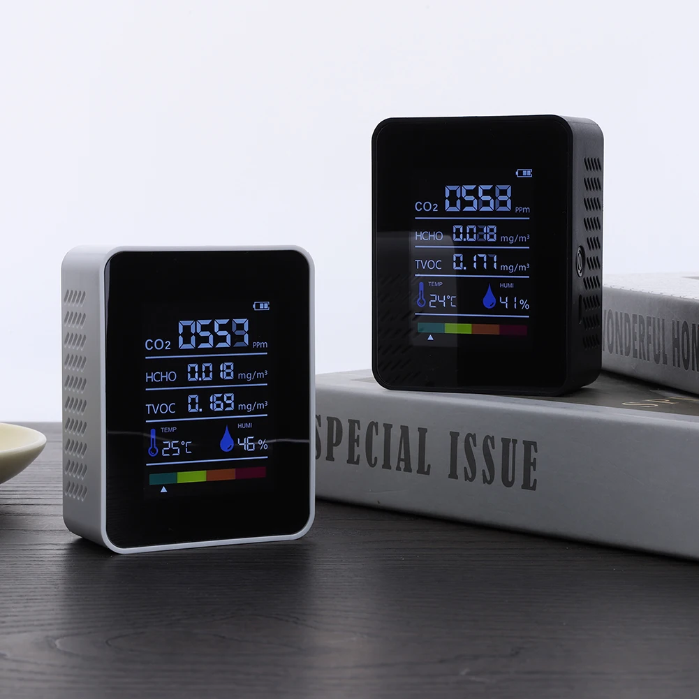 5 في 1 الرقمية المحمولة CO2 متر جهاز قياس درجة الحرارة والرطوبة ثاني أكسيد الكربون TVOC HCHO الكاشف للمنزل مدرسة فندق مكتب سيارة